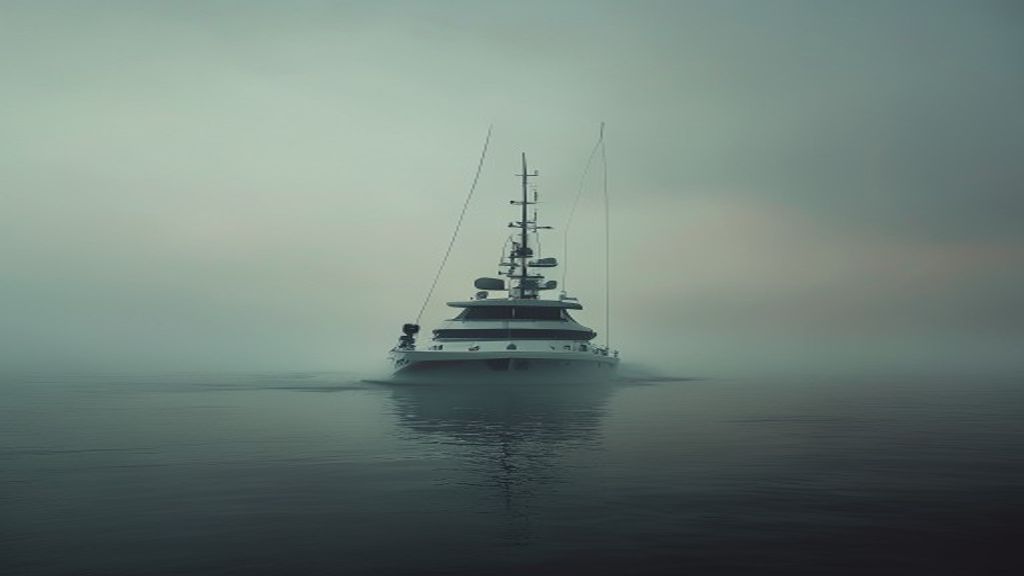 yacht emerging from fog